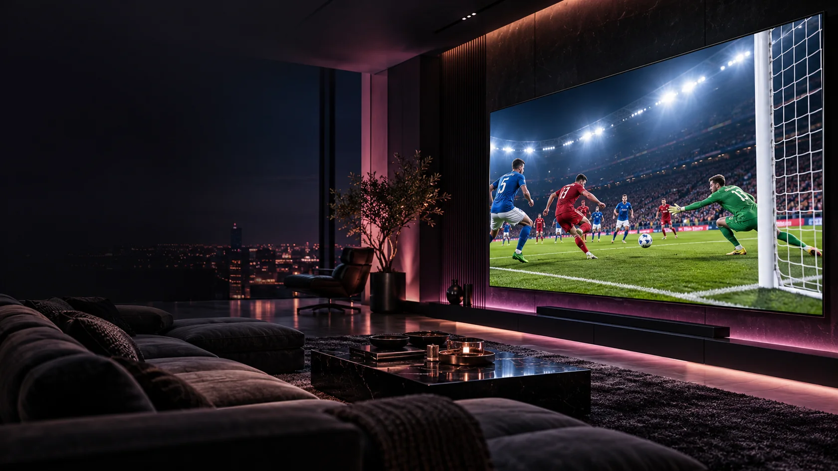 Football match on a large television in a dark home cinema with purple lighting