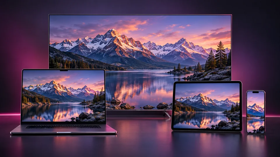 Television, laptop, tablet and phone displaying a mountain lake at sunset